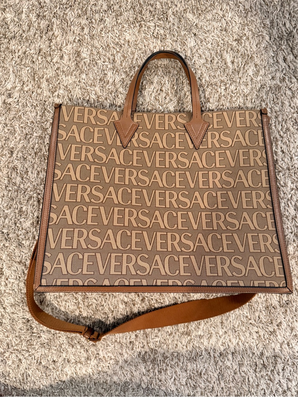Versace Brown Beige Logo Canvas Tote with Leather Trim
